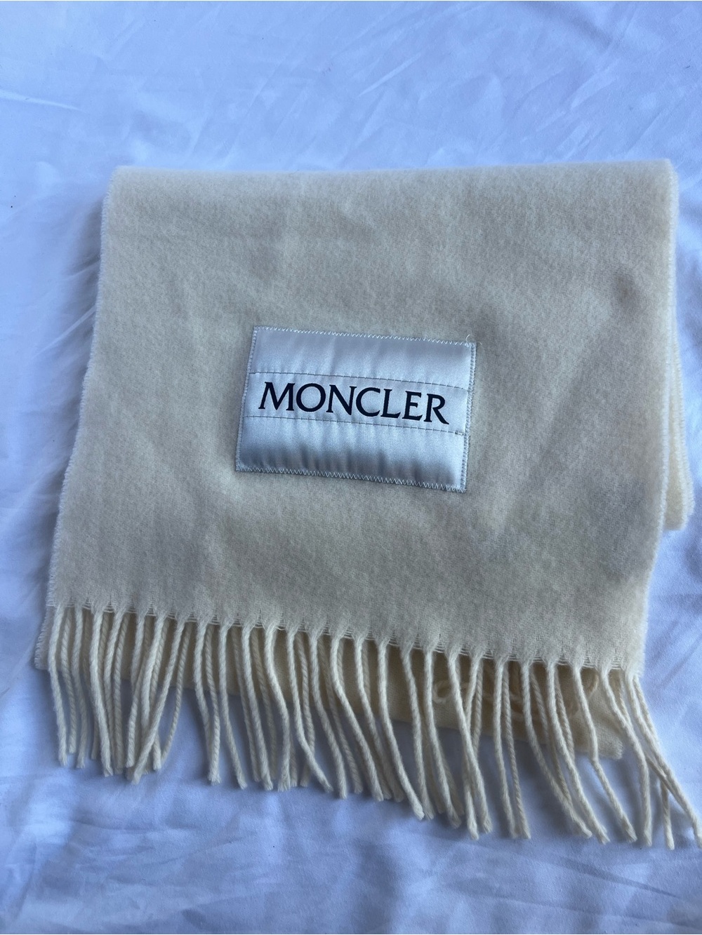MONCLER Ivory Wool Scarf Logo Fringe